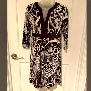 ANN TAYLOR Petite Sz 2P Brown White Patterned Stretchy Dress GUC BPU2
